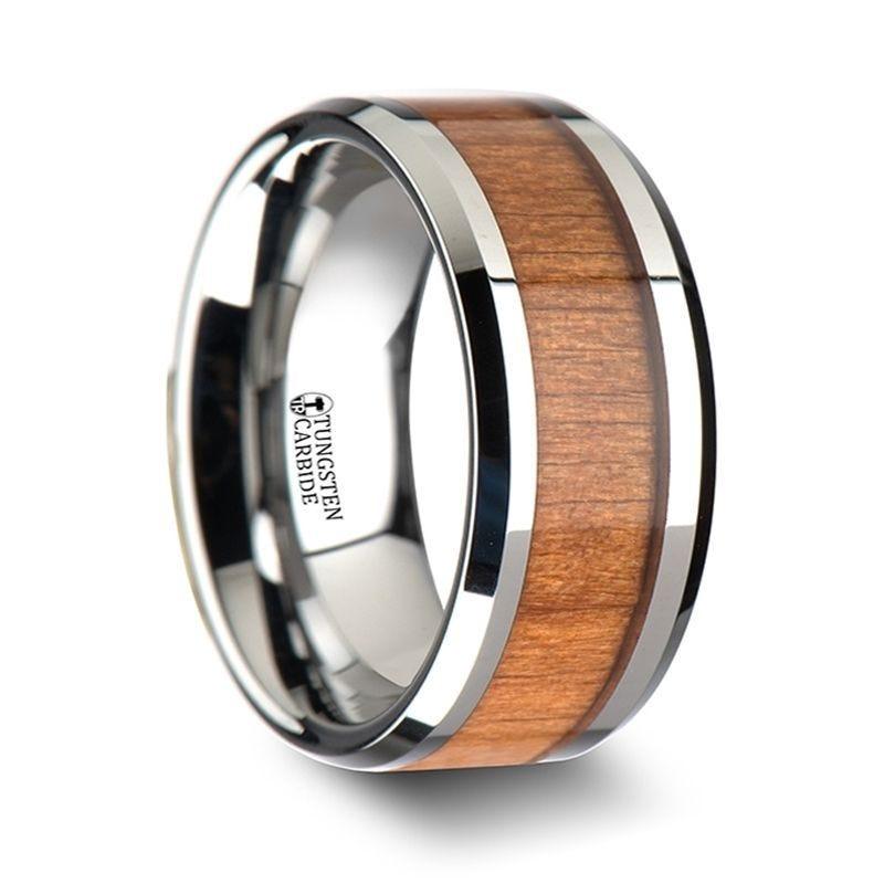 BRUNSWICK Tungsten Wedding Ring with Polished Bevels and American Cherry Wood Inlay - 6mm - 10mm