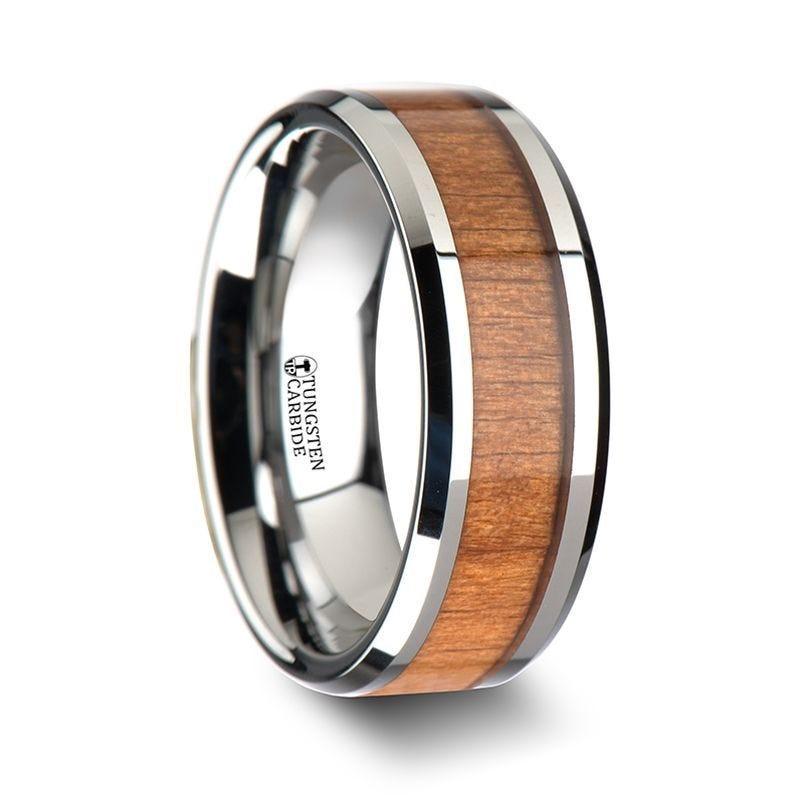 BRUNSWICK Tungsten Wedding Ring with Polished Bevels and American Cherry Wood Inlay - 6mm - 10mm