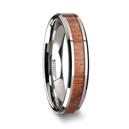 KHAYA Tungsten Band with Polished Bevels and Real Hardwood Mahogany Inlay - 4mm