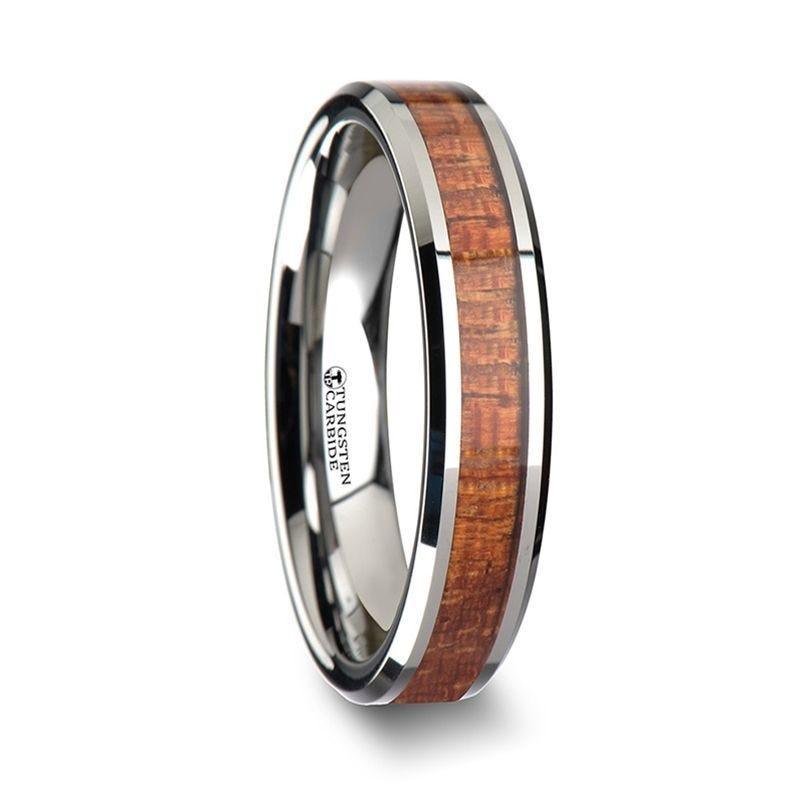 KHAYA Tungsten Band with Polished Bevels and Real Hardwood Mahogany Inlay - 4mm - 10mm