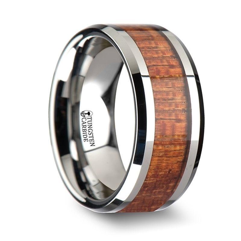 KHAYA Tungsten Band with Polished Bevels and Real Hardwood Mahogany Inlay - 4mm - 10mm