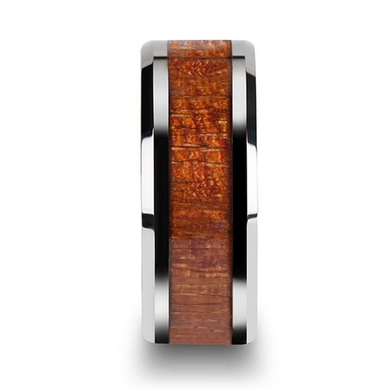 KHAYA Tungsten Band with Polished Bevels and Real Hardwood Mahogany Inlay - 4mm - 10mm