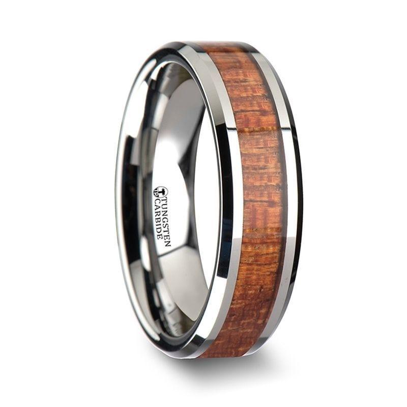 KHAYA Tungsten Band with Polished Bevels and Real Hardwood Mahogany Inlay - 4mm - 10mm