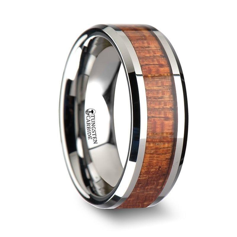 KHAYA Tungsten Band with Polished Bevels and Real Hardwood Mahogany Inlay - 4mm