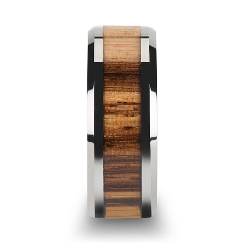 PALMALETTO Tungsten Carbide Ring with Beveled Edges and Real Zebra Wood Inlay - 4mm - 10mm