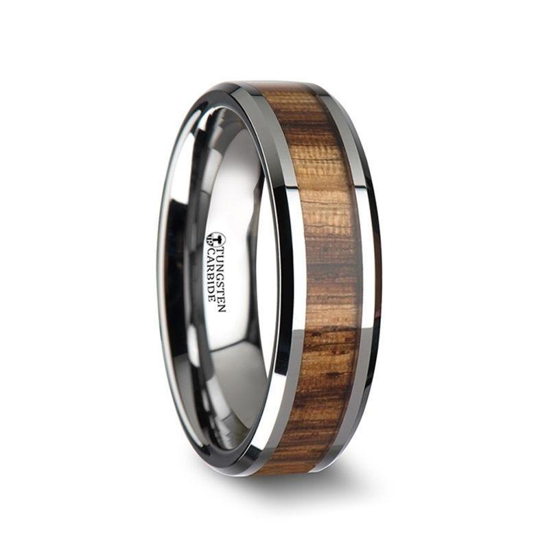 PALMALETTO Tungsten Carbide Ring with Beveled Edges and Real Zebra Wood Inlay - 4mm - 10mm