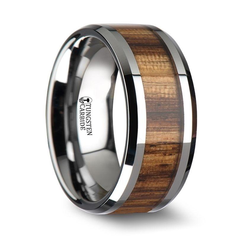 PALMALETTO Tungsten Carbide Ring with Beveled Edges and Real Zebra Wood Inlay - 4mm - 10mm