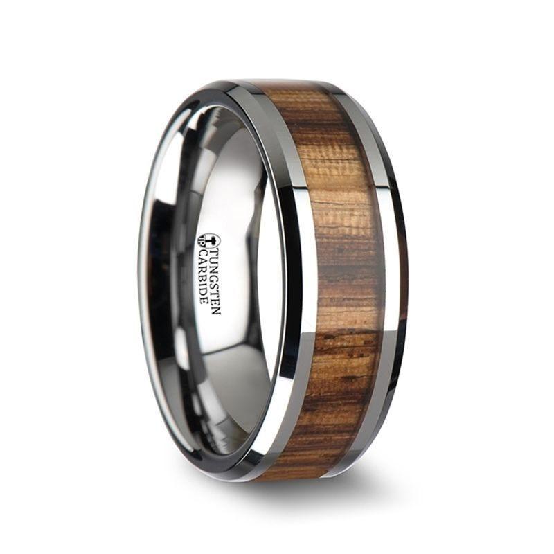 PALMALETTO Tungsten Carbide Ring with Beveled Edges and Real Zebra Wood Inlay - 10mm