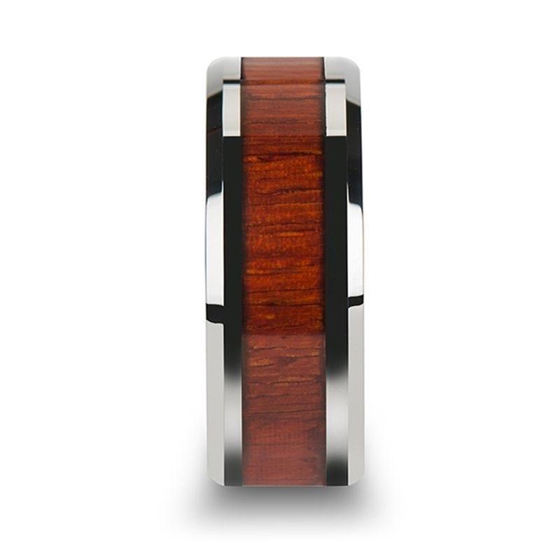 NARRA Tungsten Wood Inlay Ring with Polished Bevels and Real Padauk Wood Inlay - 6mm - 10mm