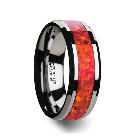 NEBULA Tungsten Wedding Band with Beveled Edges and Red Opal Inlay - 4mm - 8mm