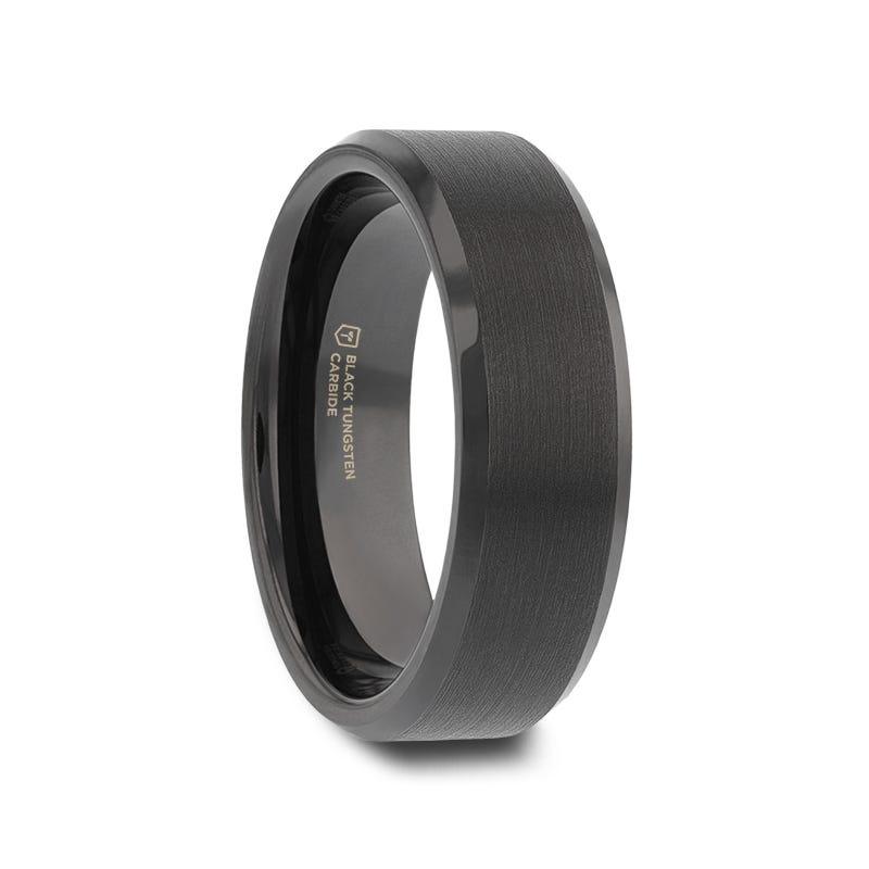 ELISE Black Tungsten Ring with Polished Beveled Edges and Brush Finished Center - 4mm - 10mm