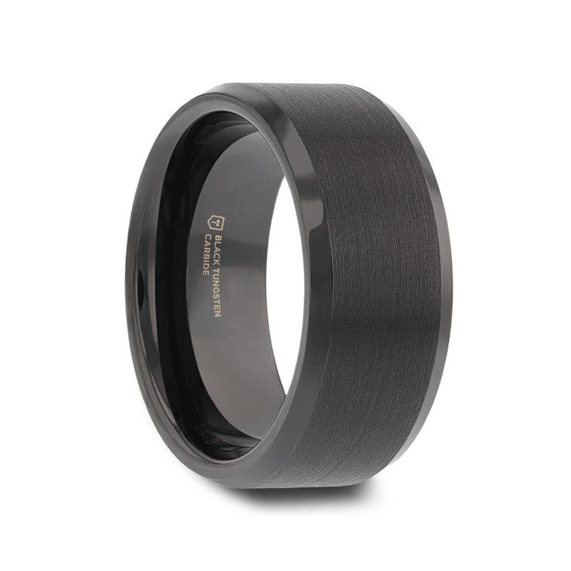 ELISE Black Tungsten Ring with Polished Beveled Edges and Brush Finished Center - 4mm - 10mm