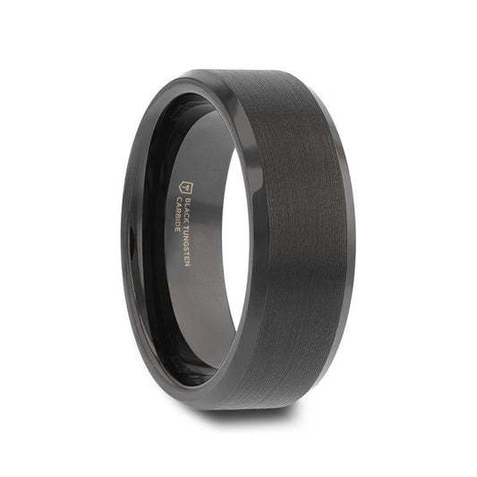 ELISE Black Tungsten Ring with Polished Beveled Edges and Brush Finished Center - 4mm - 10mm