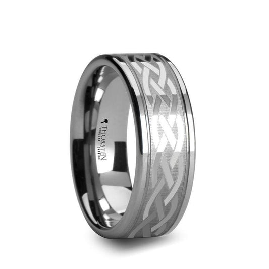 PAETUS Flat Dual Offset Grooved Tungsten Ring with Celtic Design - 10mm