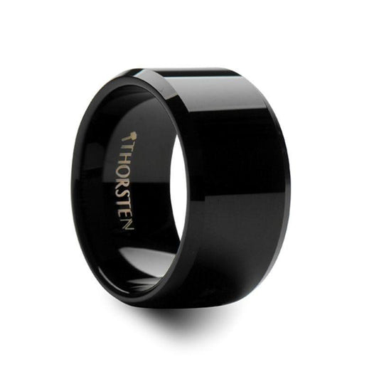 SEATTLE Black Tungsten Carbide Wedding Band with Bevels - 12mm