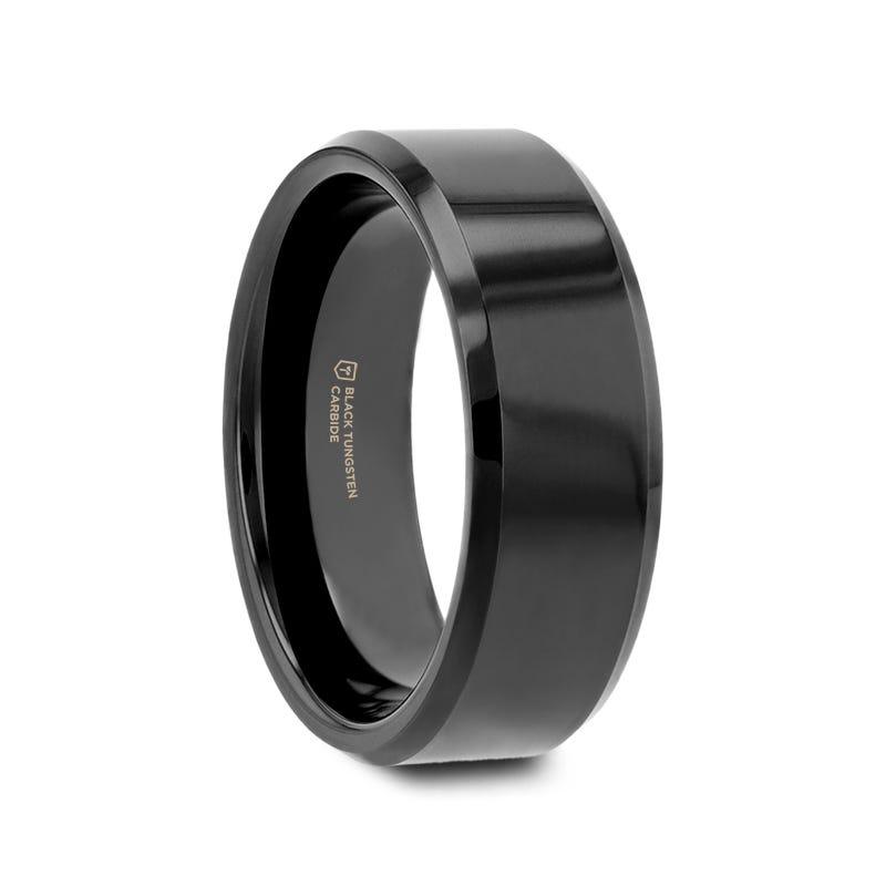 SACRAMENTO Black Tungsten Carbide Ring with Beveled Edges - 10mm