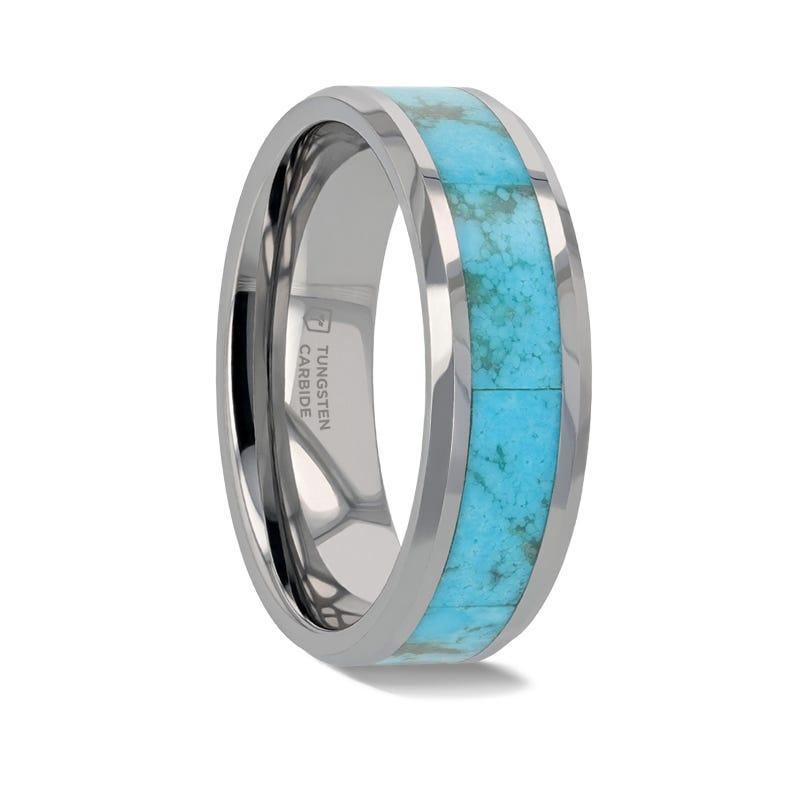 ARIZONA Kingman Turquoise Inlay Tungsten Men's Wedding Band With Beveled Edges - 8mm - Limited Run