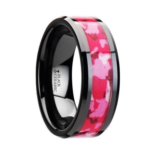 SIERRA Black Ceramic Ring with Pink and White Camouflage Inlay - 6mm & 8mm