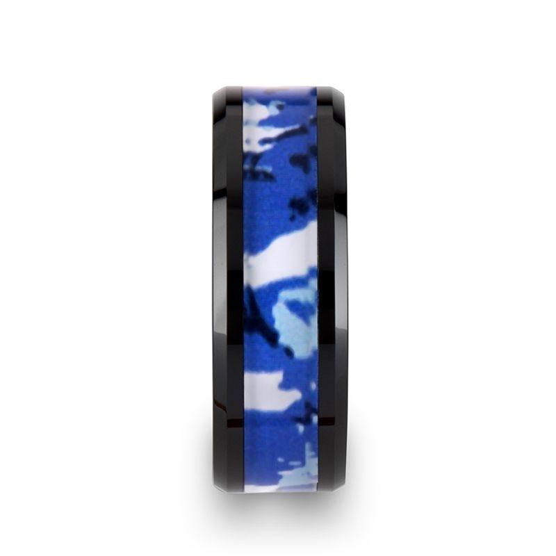 RECOIL Black Ceramic Ring with Blue and White Camouflage Inlay - 8mm