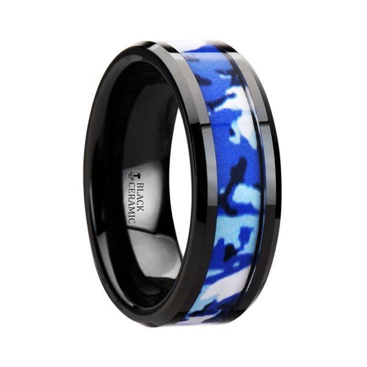 RECOIL Black Ceramic Ring with Blue and White Camouflage Inlay - 8mm