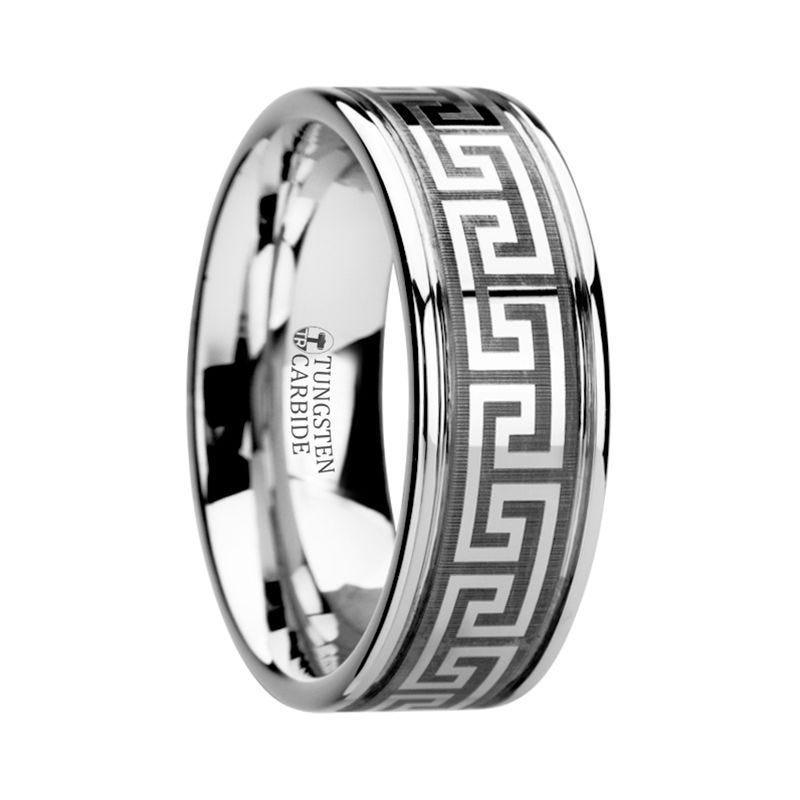 THASOS Grooved Tungsten Carbide Wedding Band with Greek Key Meander Design - 8mm