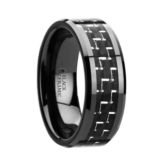 TITAN Black Beveled Ceramic Ring with Silver & Black Carbon Fiber Inlay - 8mm