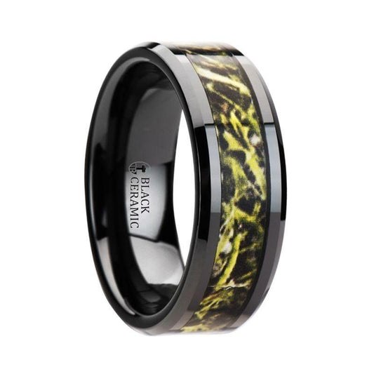 EVERGLADE Black Ceramic Wedding Band with Green Marsh Camo Inlay Ring - 8mm