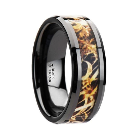 TUNDRA Black Ceramic Wedding Band with Leaves Grassland Camo Inlay Ring - 8mm