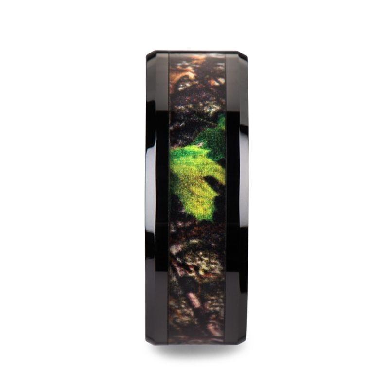 NIGHTFALL Realistic Tree Camo Black Ceramic Wedding Band with Green Leaves - 8mm