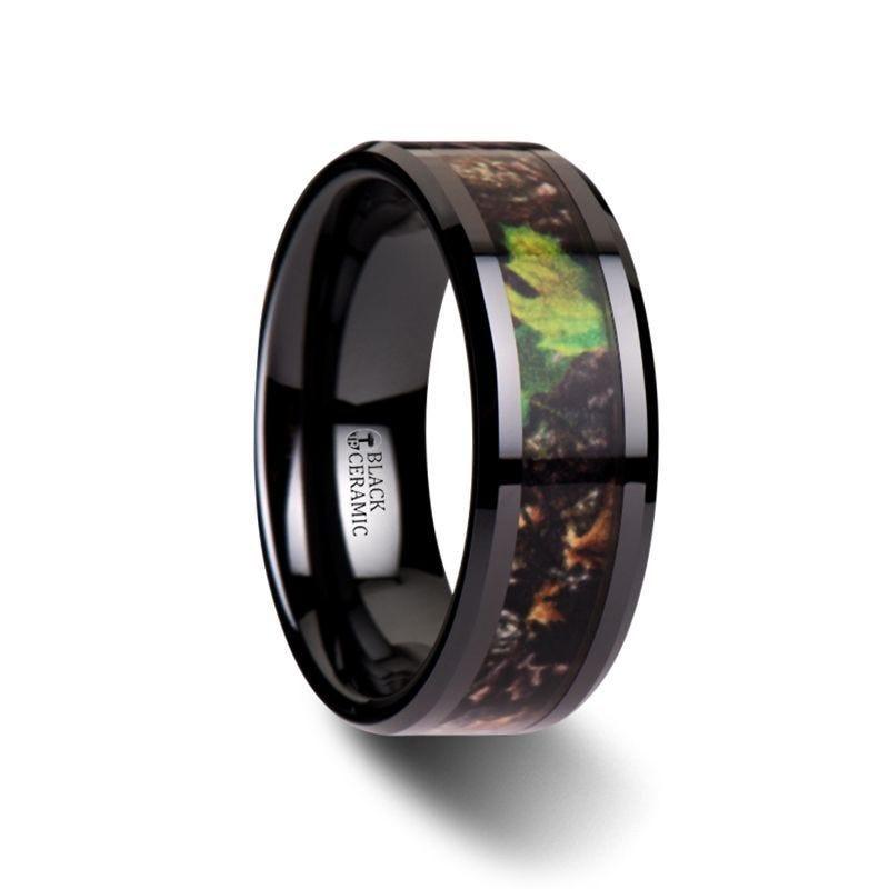 NIGHTFALL Realistic Tree Camo Black Ceramic Wedding Band with Green Leaves - 8mm