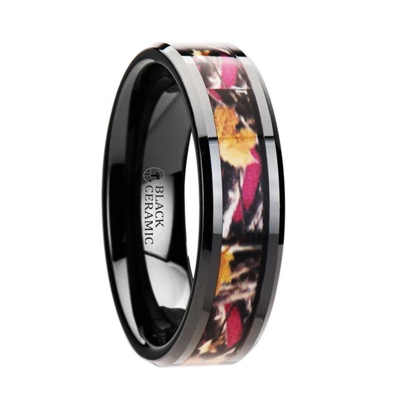 LAUREL Realistc Tree Camo Black Ceramic Wedding Band with Real Pink Oak Leaves - 6mm - 8mm