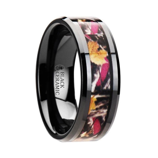 LAUREL Realistc Tree Camo Black Ceramic Wedding Band with Real Pink Oak Leaves - 6mm - 8mm