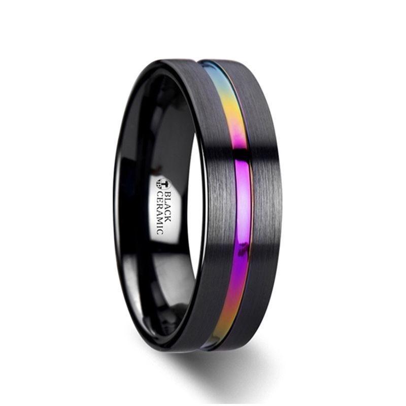 AZURE Flat Black Ceramic Ring Brushed with Rainbow Groove - 4mm - 8mm