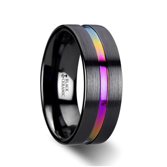 AZURE Flat Black Ceramic Ring Brushed with Rainbow Groove - 4mm - 8mm