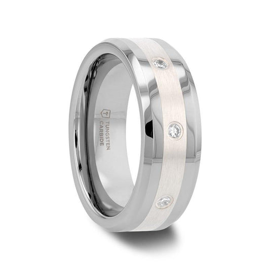 STAFFORD Silver Inlaid Beveled Tungsten Diamond Wedding Band - 8mm