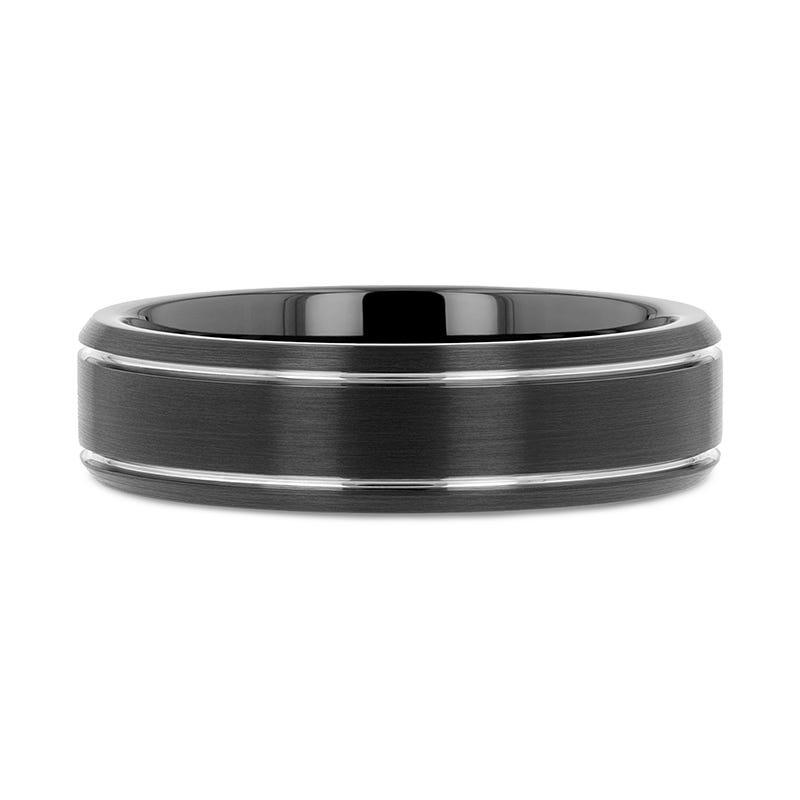 NOCTURNE Black Beveled Tungsten Carbide Band with Polished Grooves and Brushed Finish - 6mm or 8mm