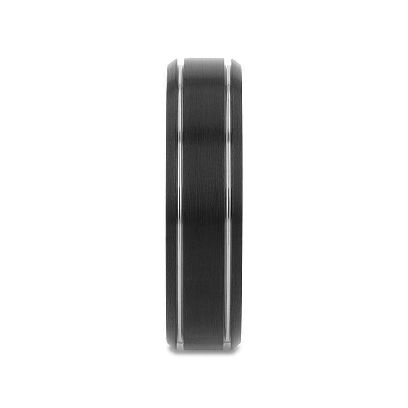 NOCTURNE Black Beveled Tungsten Carbide Band with Polished Grooves and Brushed Finish - 6mm or 8mm