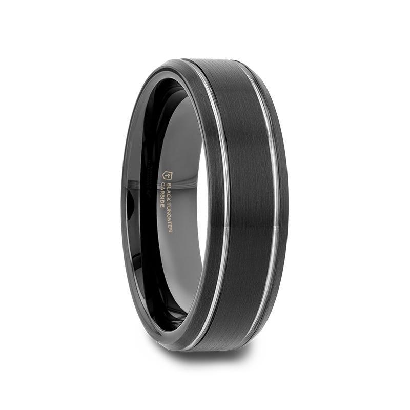 NOCTURNE Black Beveled Tungsten Carbide Band with Polished Grooves and Brushed Finish - 6mm or 8mm