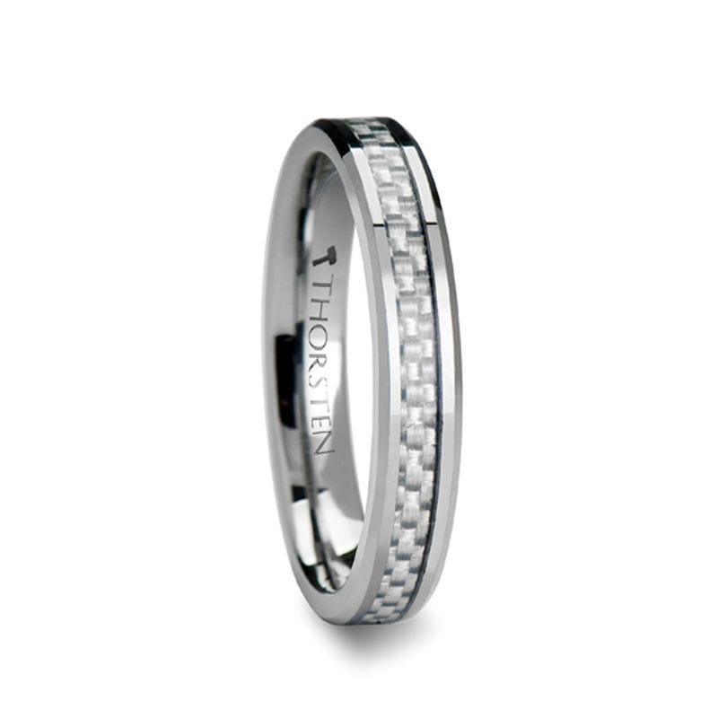 ULTIMUS Tungsten Carbide Ring with Beveled White Carbon Fiber Inlay - 4mm - 12mm