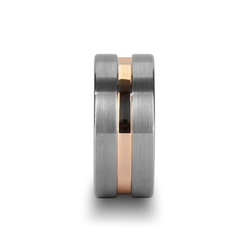 ZENITH Flat Brushed Finish Tungsten Ring with Rose Gold Channel - 10mm