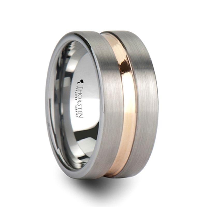 ZENITH Flat Brushed Finish Tungsten Ring with Rose Gold Channel - 10mm