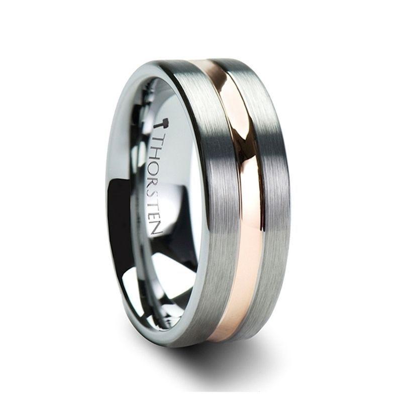 ZENITH Flat Brushed Finish Tungsten Ring with Rose Gold Channel - 10mm