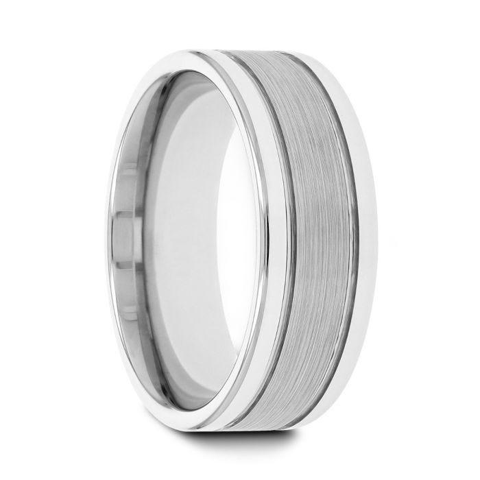 CHRONOS Flat with Offset Grooves Polished Edges and Satin Center Tungsten Band 6mm or 8mm