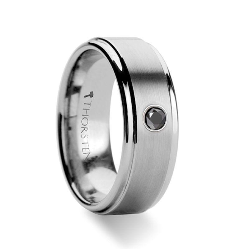 COVENTRY Raised Brushed Center Tungsten Ring with Black Diamond - 8mm