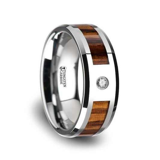 SABER Tungsten Carbide Diamond Ring with Beveled Edges and Real Zebra Wood Inlay - 8mm