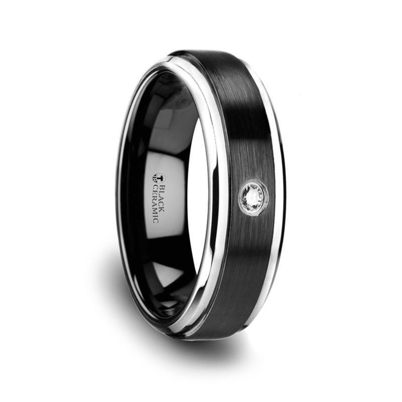 MONARCH Black Ceramic Wedding Band with Diamond, Polished Beveled Step Edges, & Raised Brush Center - 6mm & 8mm