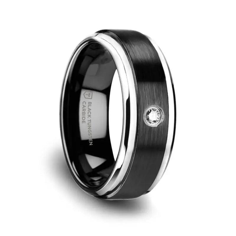 MONARCH Black Ceramic Wedding Band with Diamond, Polished Beveled Step Edges, & Raised Brush Center - 6mm & 8mm