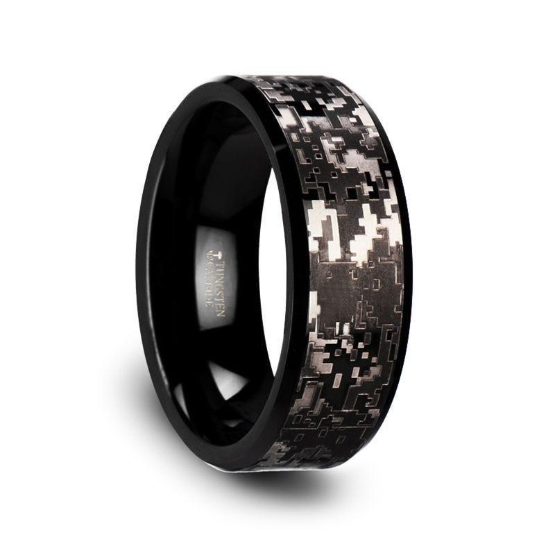 SMOKESCREEN Black Tungsten Carbide Wedding Ring with Engraved Digital Camouflage - 8mm