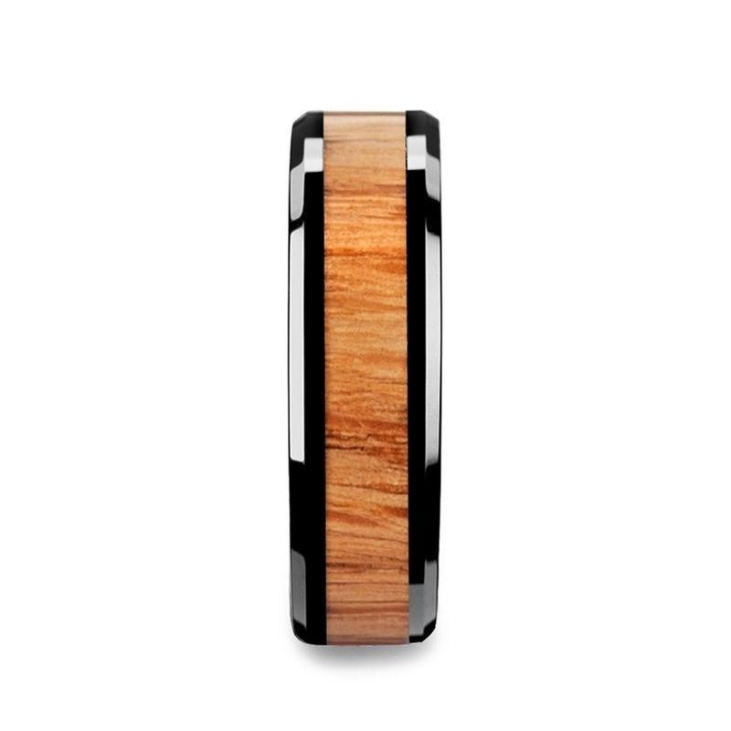 OBLIVION Red Oak Wood Inlaid Black Ceramic Ring with Bevels - 6mm - 10mm