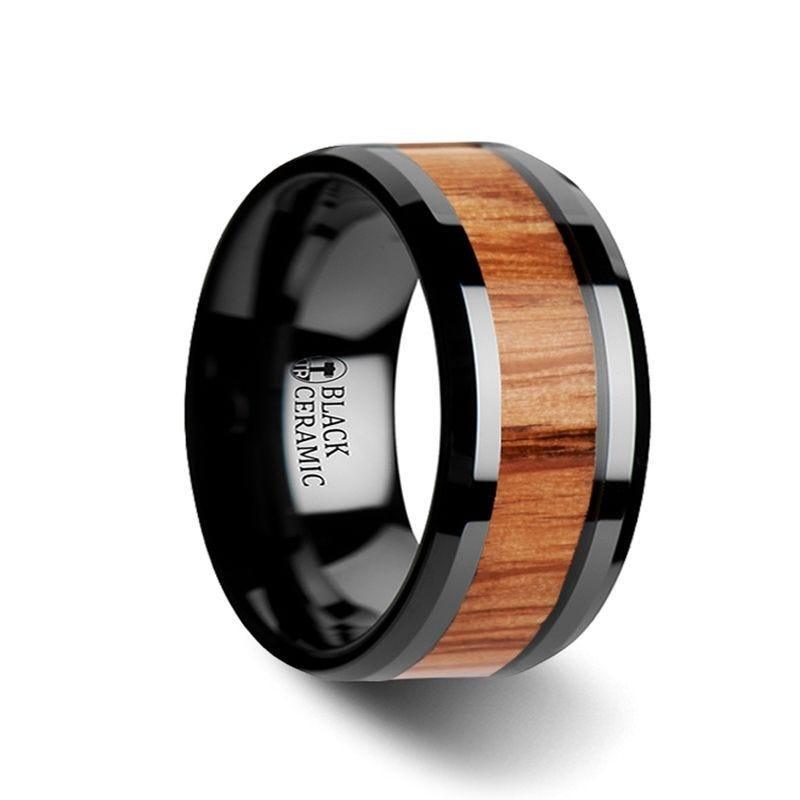 OBLIVION Red Oak Wood Inlaid Black Ceramic Ring with Bevels - 6mm - 10mm